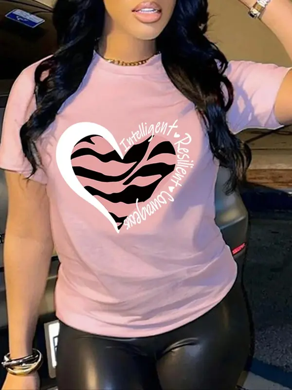 Women's Heart Print Round Neck Tee, Casual Short Sleeve Crew Neck T-Shirt for Daily Wear, Ladies Clothes for All Seasons 0