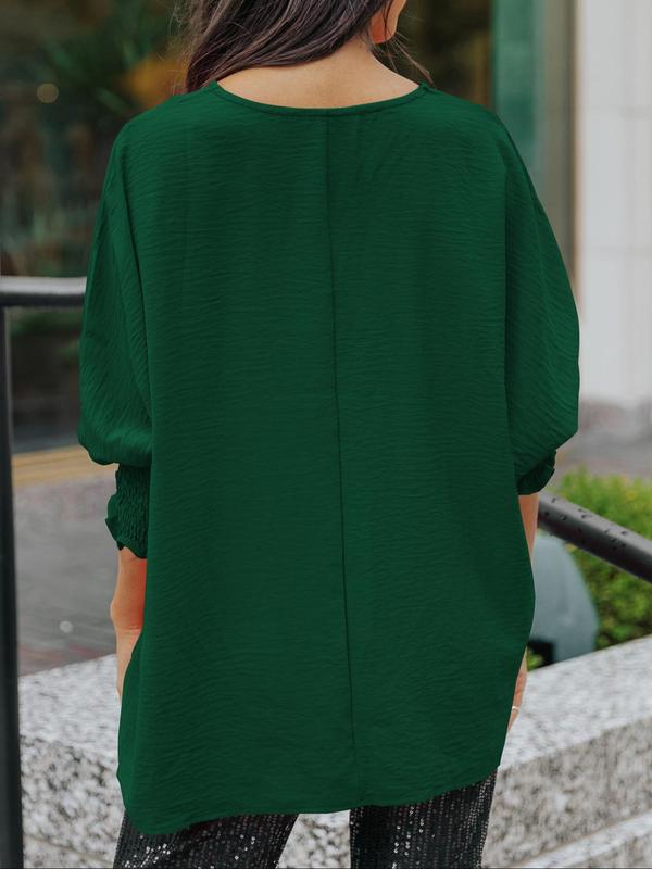 Women's Solid Shirred Batwing Sleeve Chiffon Blouse, Casual Round Neck Long Sleeve Top For Spring & Fall, Women's Clothes For Daily Wear 1
