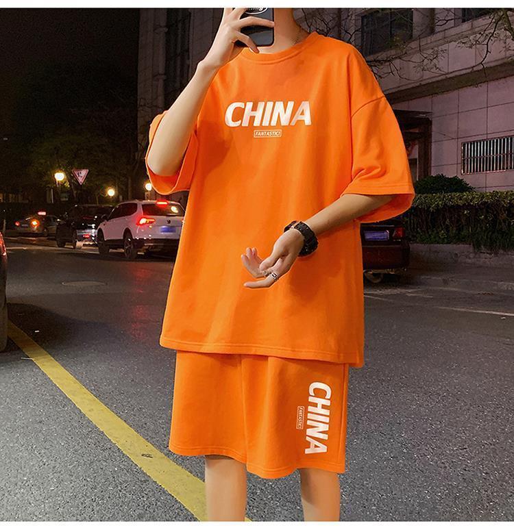 Product Introduction of Summer New Trendy Hong Kong Style Simple Letter Printing Leisure Sports Suit Green Student Short Sleeve Shorts Two Pieces Suit Menswear Overalls Lingerie Formal 12