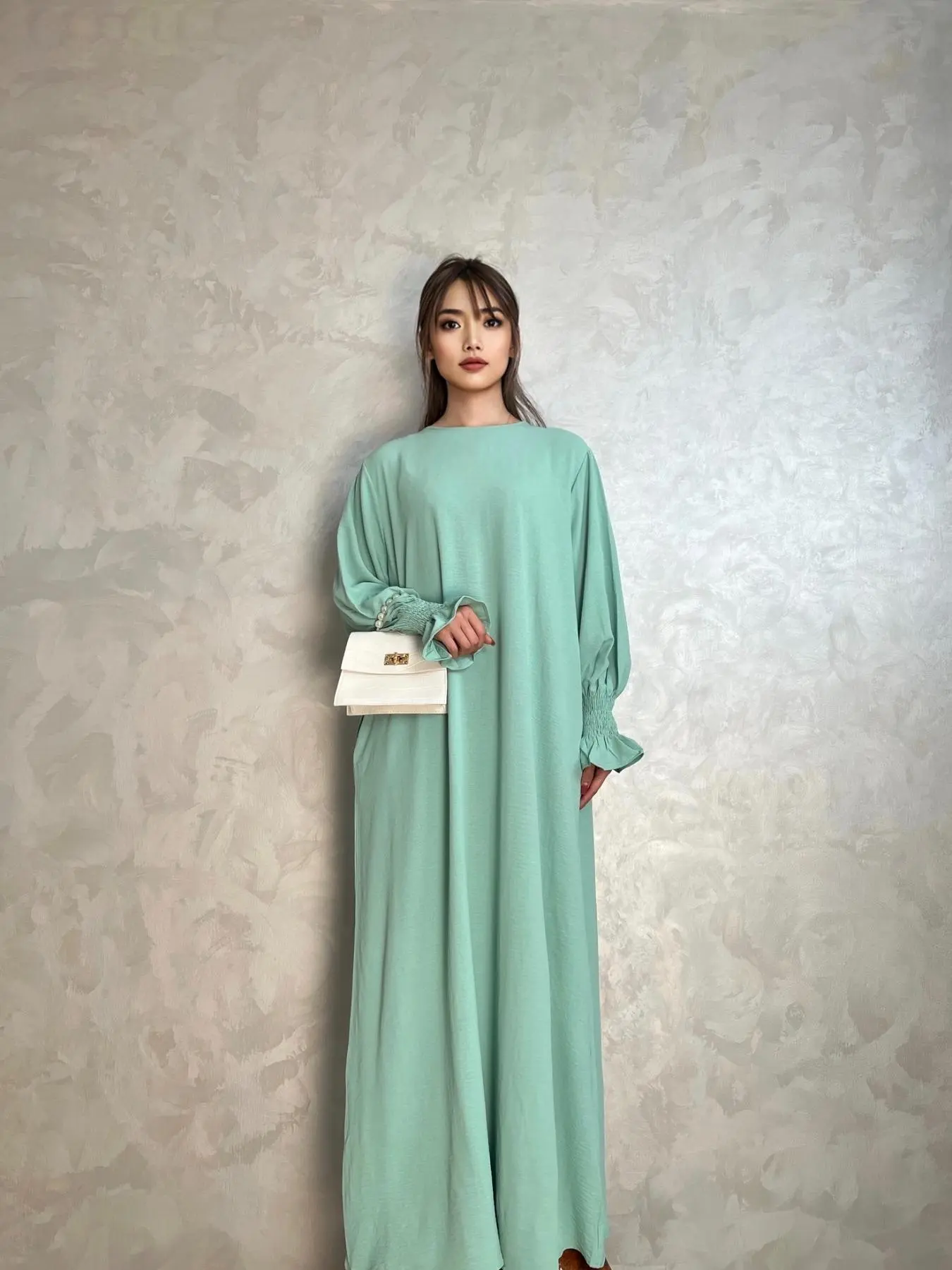 Womenswear Solid Flounce Sleeve Shirred Arabian Dress, Ladies Thobe, Longsleeves Dress, Sundress Maxi Dress, Minimalist Islamic Clothing, Modest Muslim Clothes