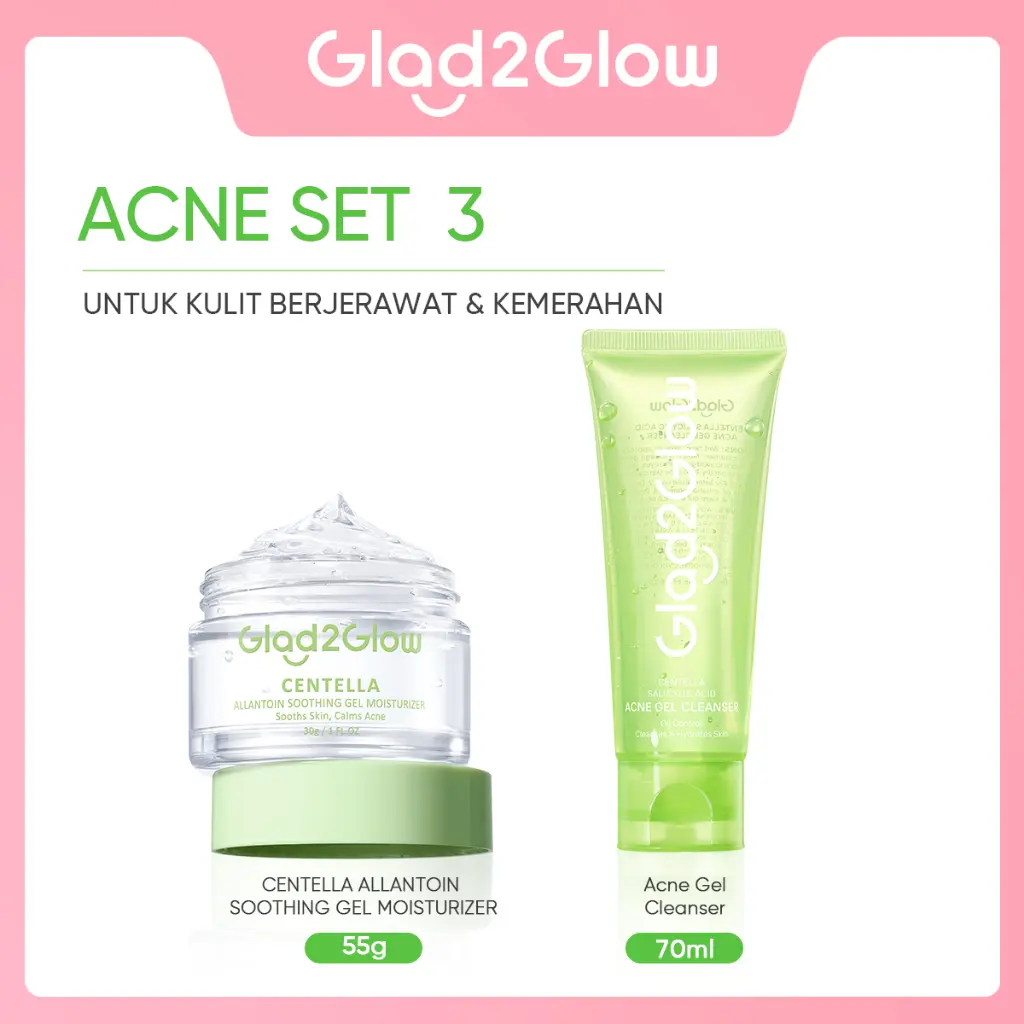 PAKET 2pcs Glad2Glow Acne Set cleanser 70ml + Moisturizer 30g Glad2Glow Centella Salicylic Acid Acne Gel Cleanser 70ml g2g Glad2Glow Centella Allantoin Soothing Gel Moisturizer 55g Glad2Glow Moisturizer g2g Krim Wajah Pelembab Wajah Centella MoisturizerPA