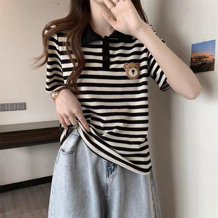 Áo Thun Ngắn Tay Sọc, Dành Cho Nữ, Dáng Rộng Rãi Và Bó Sát, Thích Hợp Cho Bé Gái Đầy Đặn, 150,00kg, Cỡ Lớn Mùa Hè, Thời Trang, Cổ Polo Vai, Áo Trên áo  ngôi  sao  captain áo  thun  kẻ  sọc  ngang  nữ 4
