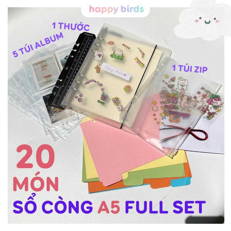 Sổ còng A5 SET 20 MÓN phụ kiện sổ tay bìa còng binder trong mờ ghi chép ruột giấy refill kẻ ngang caro chấm dot có dây chun sổ lò xo planner bullet journal học tập ghi chú lưu bút Happy Birds