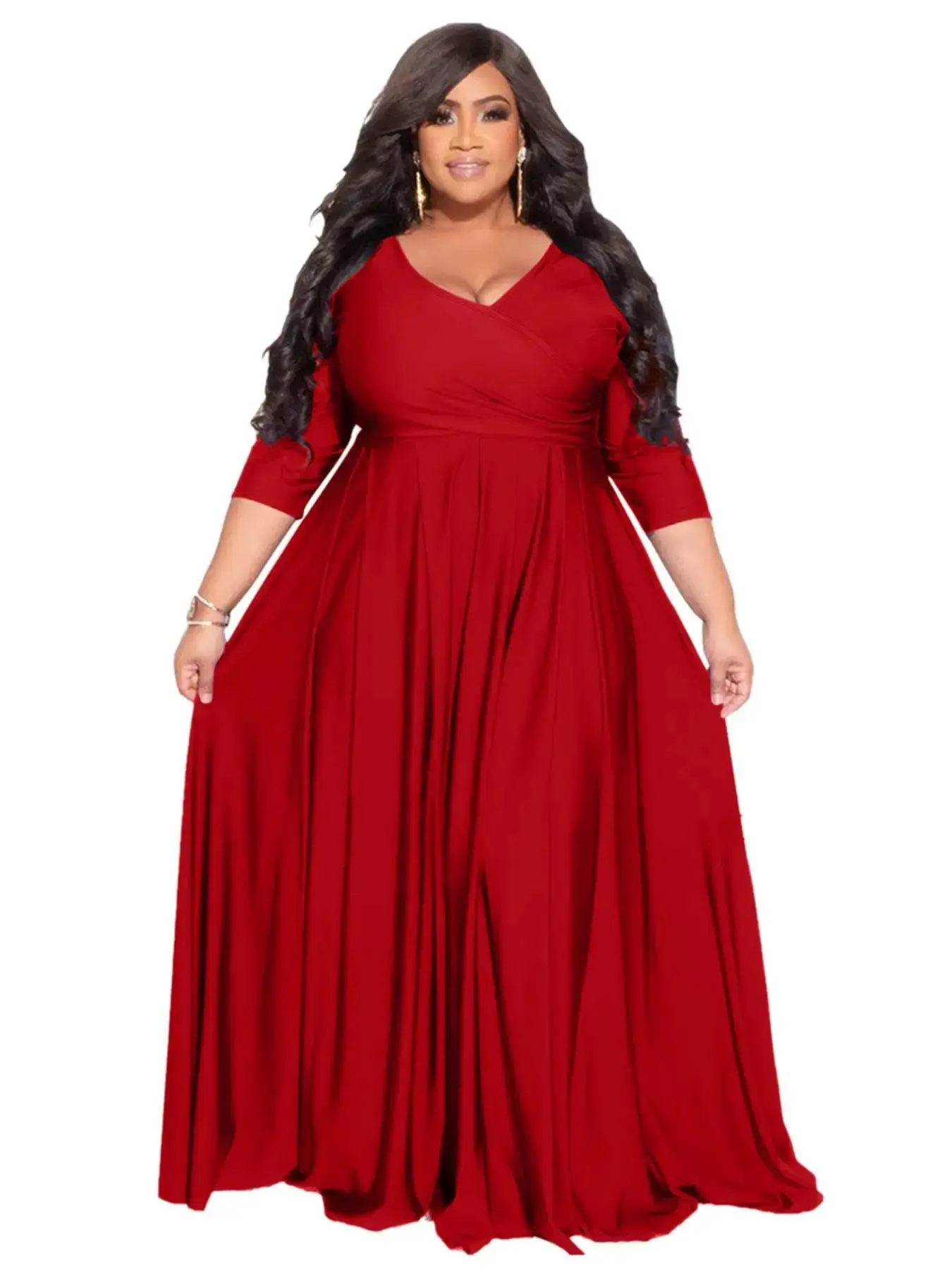 Plus Size Solid V Neck 3/4 Sleeve V Neck Long Dress, Summer Clothes Women, Elegant Minimalist A-Line Dress for Party Wedding Guest, Women's Clothes for Summer