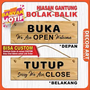 Decor Art 30x10 Cm Gantungan Toko Tali Tema Bolak-Balik Buka-Tutup Bisa Custom - BOBA