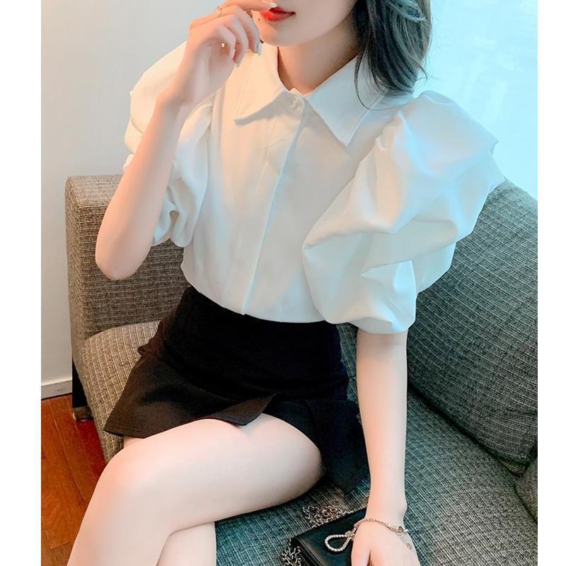 Áo Sơ Mi Cổ Bẻ Phong Cách Pháp, Cao Cấp Và Cổ Điển, Dành Cho Nữ, Trang Phục Mùa Hè, Thiết Kế Đẹp, Phong Cách Độc Đáo Tay Phồng Cánh Hoa Màu Đen, Áo Sang Trọng, OOTD 2