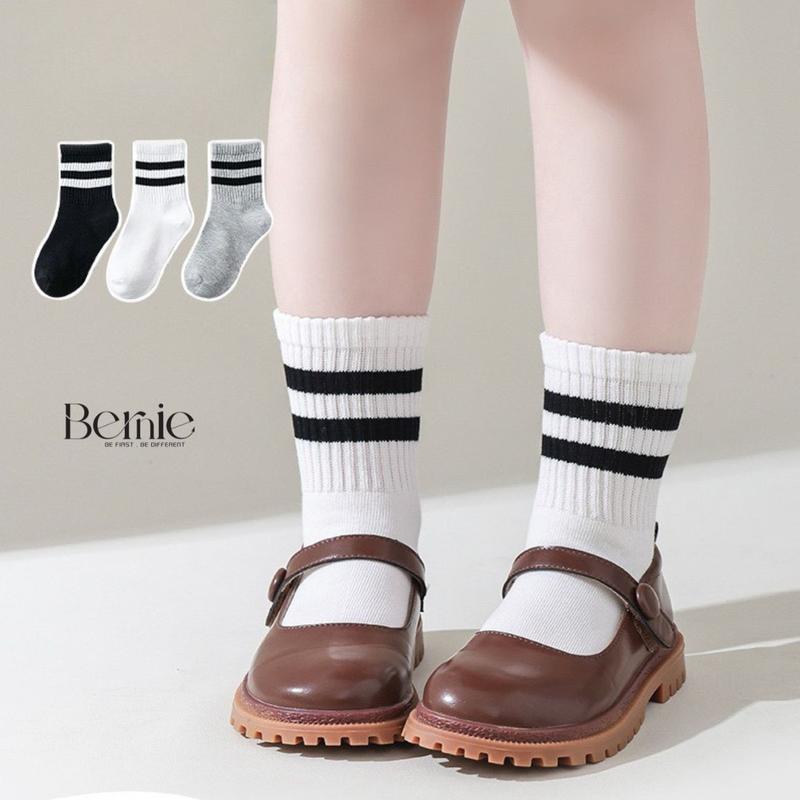 Tất vớ unisex cổ cao sọc viền cho bé trai bé gái màu trắng đen xám 1 đến 10 tuổi BERNIE