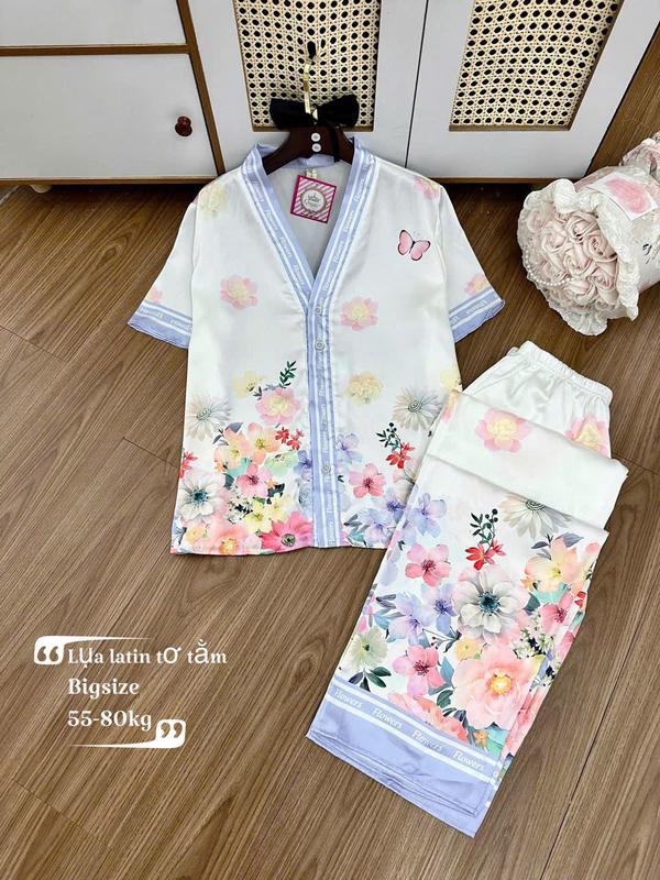 Size 60-75KG- Bigsize Bộ Lụa Latin Tơ Tằm Cổ Tim Tay Ngắn Quần Dài In 5D TNQD Mềm Mát Mặc Nhà Cao Cấp Women Nữ 7