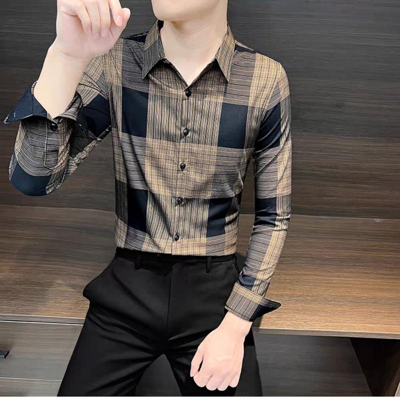 Áo Sơ Mi Kẻ Sọc Nam, Hàng Mới Về Mùa Thu, Áo Sơ Mi Dài Tay Cao Cấp Thường Ngày Phong Cách Hợp Xu hướng Ruoshuai, Ôm Sát, Quần Áo Nam 4