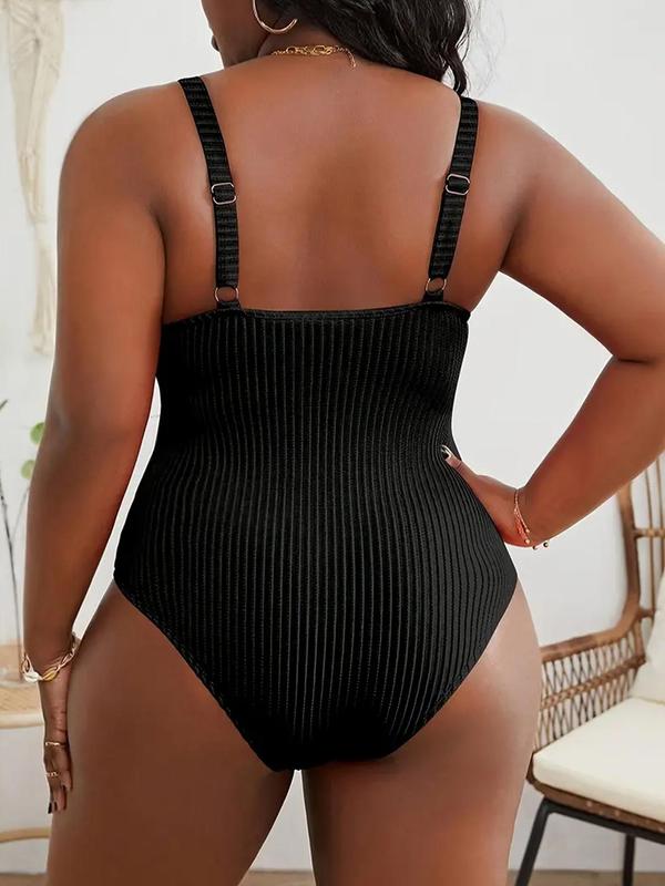 【Plus Size】Solid Color V Neck One-piece Tank Swimsuit, Plus Women's Sexy Sleeveless Ribbed Swimwear for Summer, Plus Ladies One Piece Swimsuit for Beach Holiday Vacation, Swim Bodysuit 5
