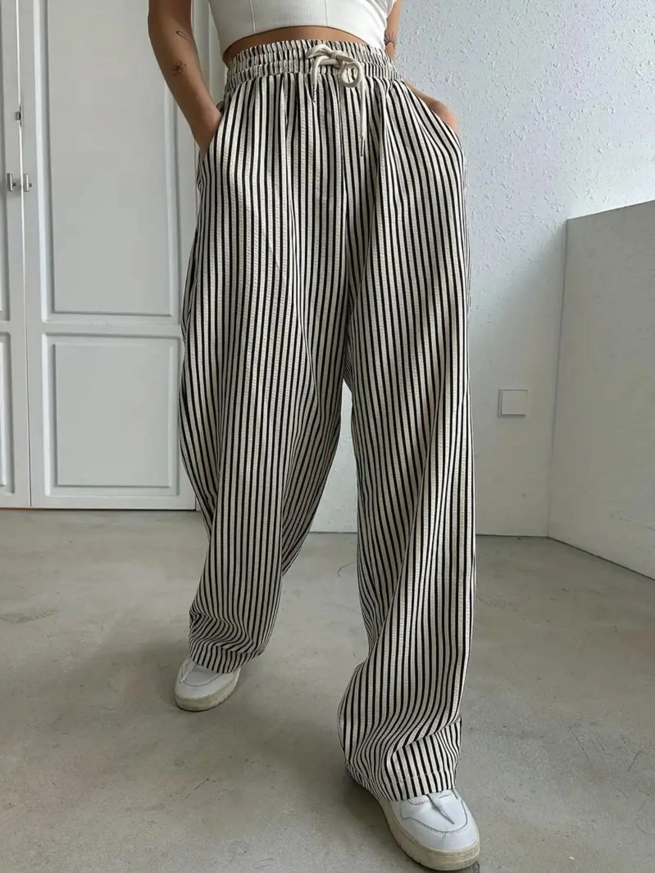 Women's Striped Print Wide Leg Pants, Casual Comfy Trousers for Daily Wear, Ladies Bottoms for Summer