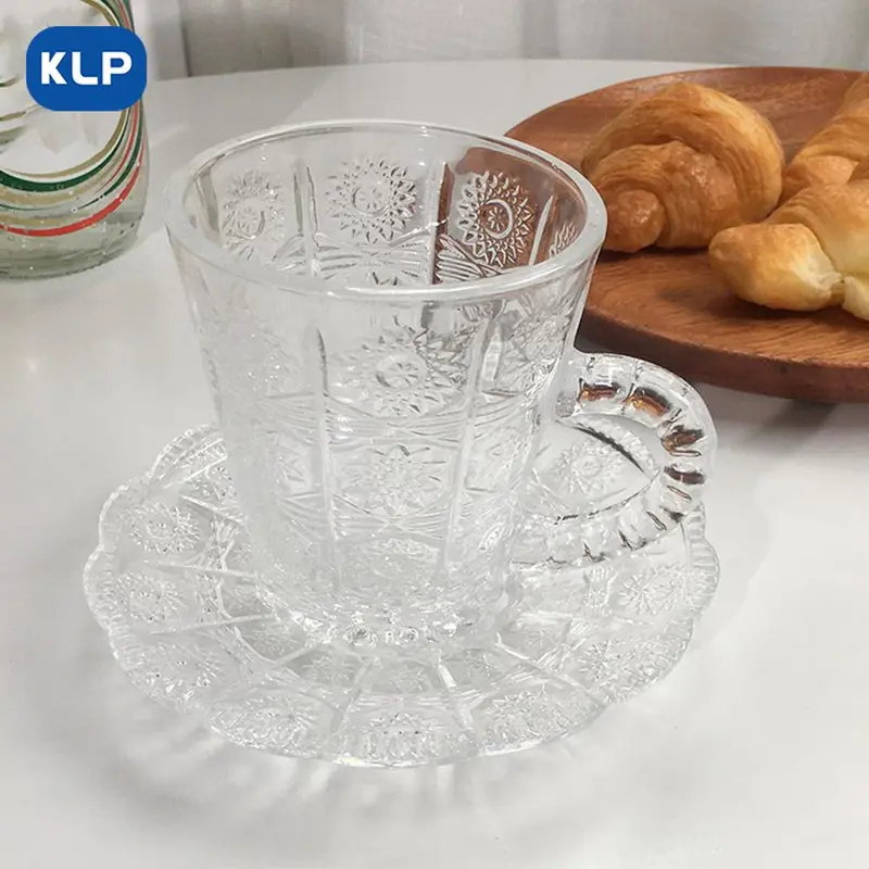 Vintage Glass Saucer & Coffee Cup Set, 2pcs Afternoon Tea Cup & Sauser Set, Glass Tumblers, Household Coffee Mug Set, Glass Drinkware for Home Use 5