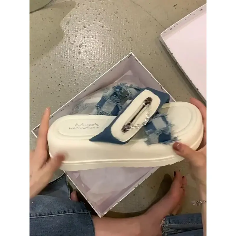 Dép Denim, Cao Cấp Cho Nữ, Đế Dày, Tăng Chiều Cao, Chống Trượt, Dép Xỏ Ngón Đế Thời Trang, Hàng Mới Về Mùa Hè 2