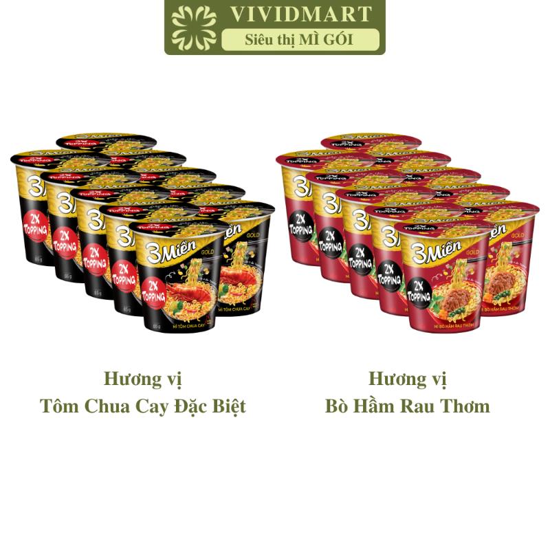   COMBO 10 LY  - UNIBEN - Mì ly 3 Miền Gold 2 vị: Tôm chua cay đặc biệt Bò hầm rau thơm Mì 3 Miền Gold ly ăn liền  65g ly  