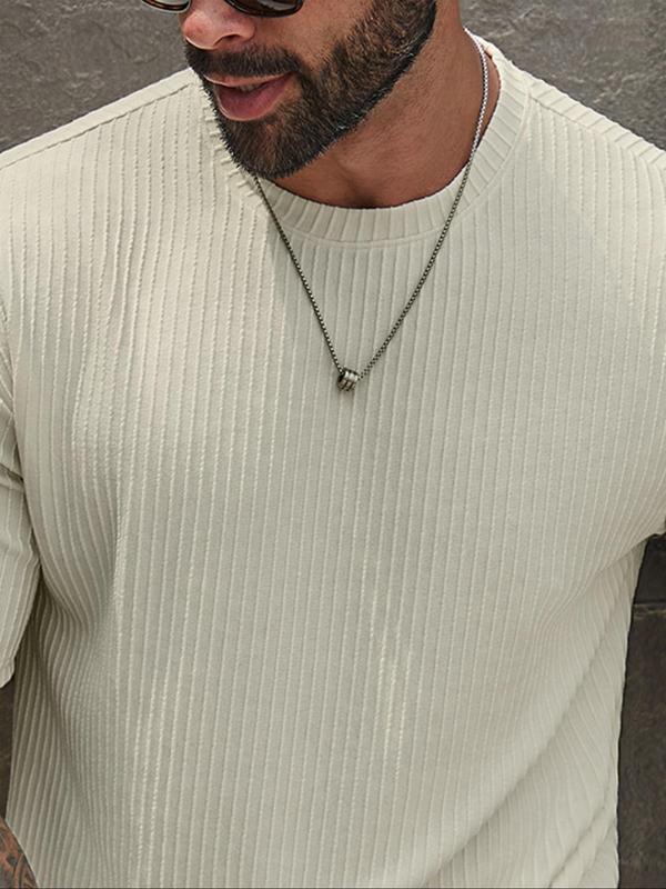 Two-Piece Set Men's Solid Color Ribbed Two-Piece Set, Regular Fit Casual Round Neck Tee & Pocket Tie Front Shorts, Men Outfits for All Seasons Daily Wear 3