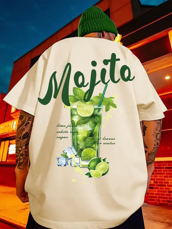 Men's Mojito Cocktail Print Round Neck Tee, Regular Fit Casual Short Sleeve T-shirt, Men's Summer Top for Daily Wear, Tropical 1