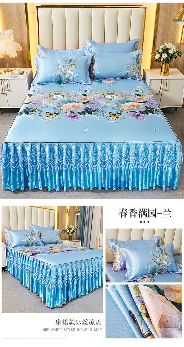Product Introduction of Tikar Musim Panas, Set Tiga Keping, Skirt Katil Tikar Gentian Viscose, Isi Rumah, Boleh Basuh Mesin, Tikar Penyejuk Fabrik, Seprai Lembut, Sesuai untuk Katil Soft Selimut Kamar 19
