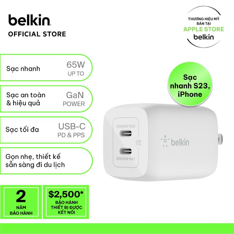 KOC X Belkin Củ sạc BOOSTCHARGE PRO GaN 65W 2 cổng USB-C PD 3.0 công nghệ PPS - phụ kiện điện thoại dành cho iPhone SamSung - Bảo hành chính hãng 2 năm