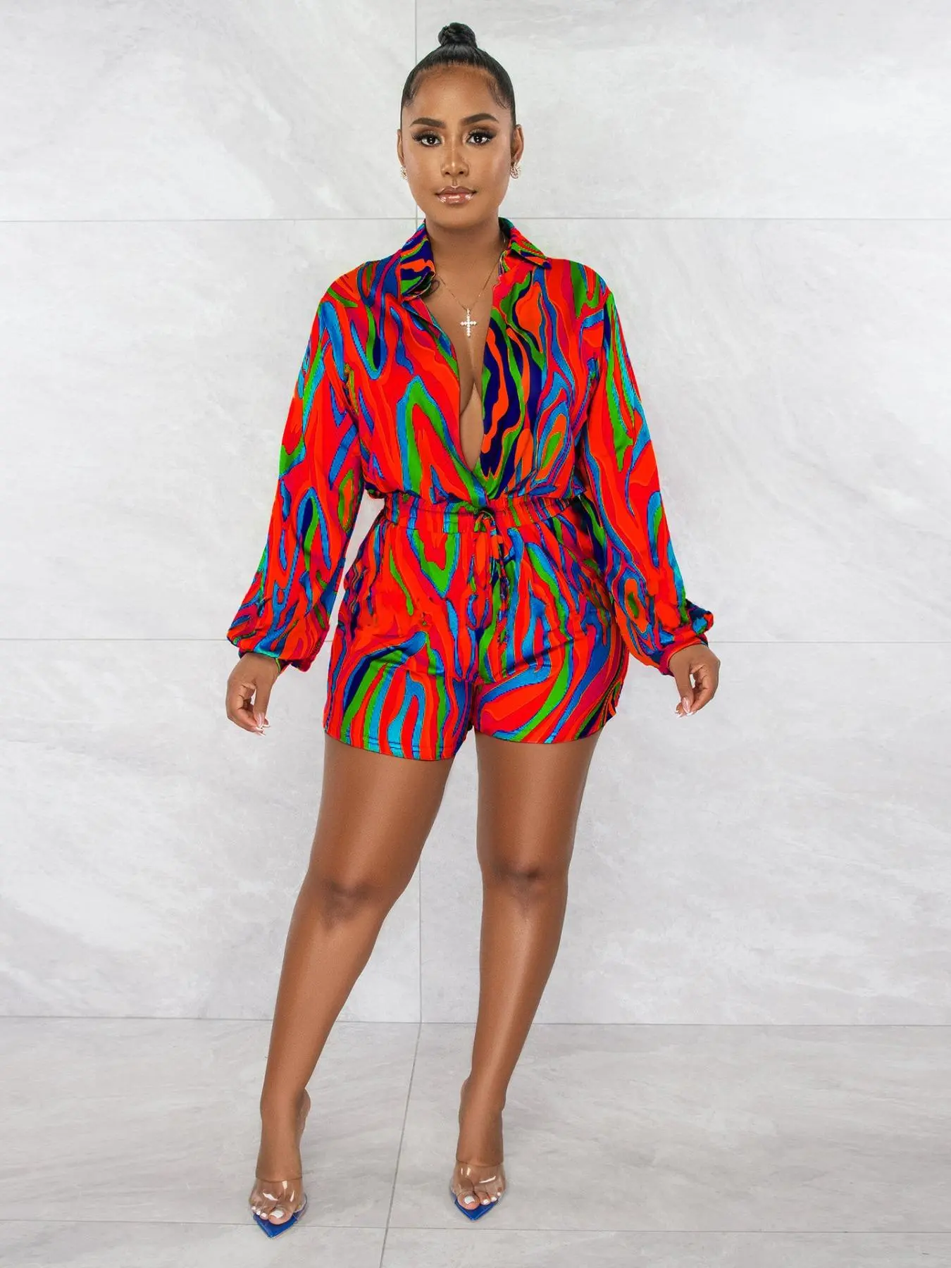 Women's All Over Print Bishop Sleeve Drawstring Romper, Casual Long Sleeve Collared Romper for Spring & Fall, Women's Clothes for Daily Wear Valentine's Day, gift
