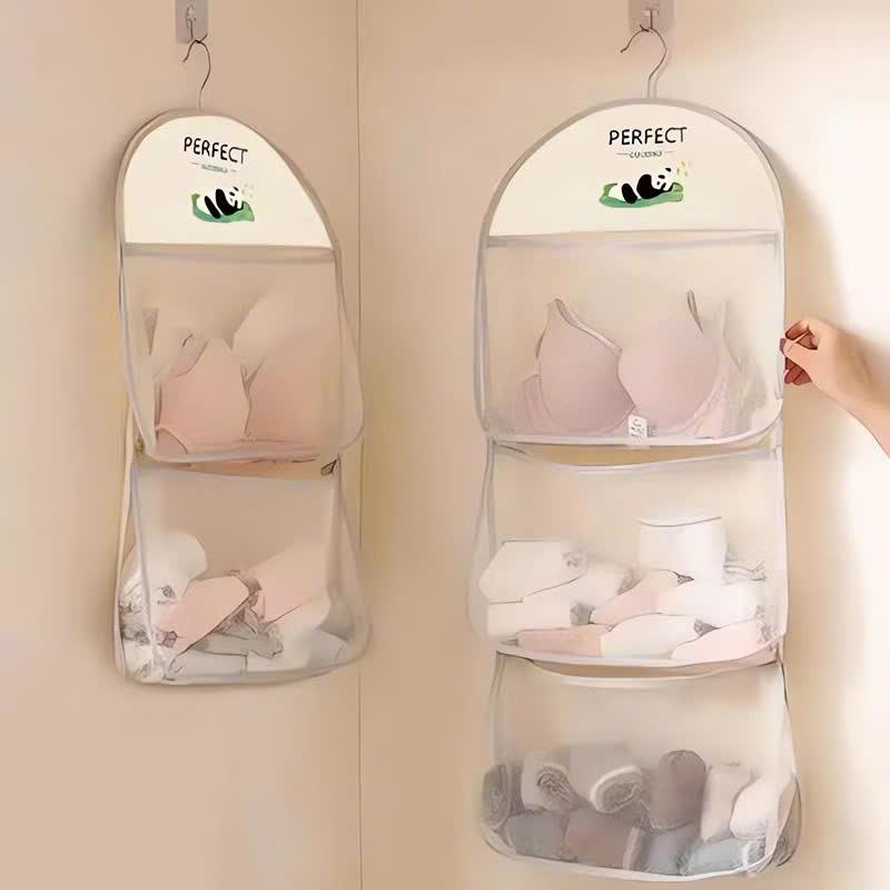 Túi Lưới Đựng Đồ Lót Tất Vớ Treo Tường 3 ngăn Panda - Giỏ Treo Đồ Cá Nhân Có Quai Xách