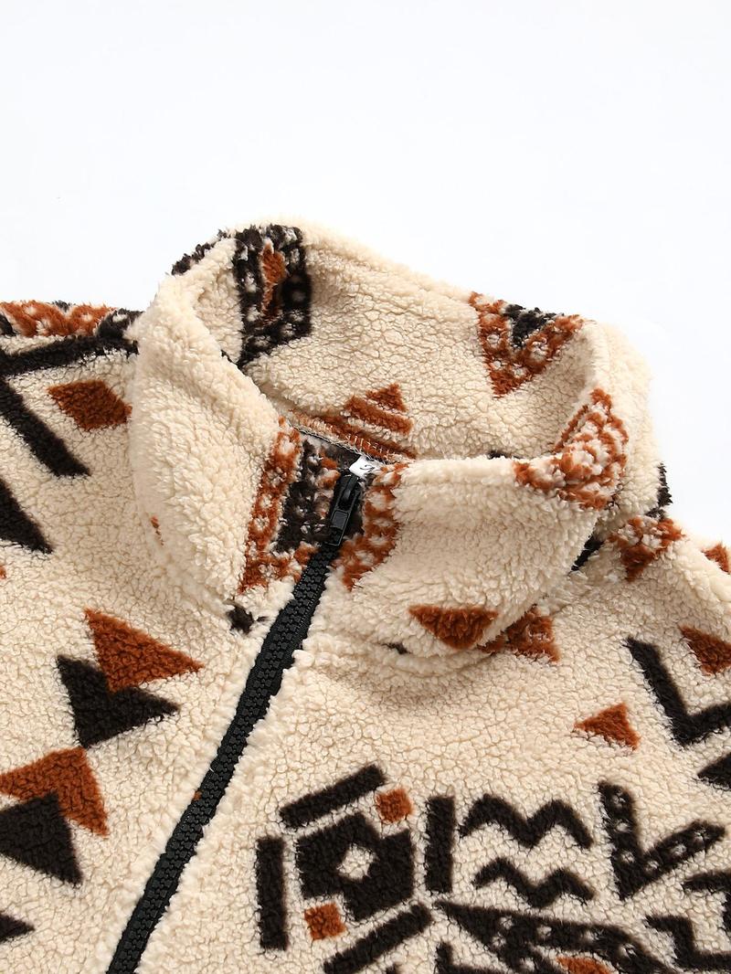 Product Introduction of Women's Geometric Print Fuzzy Drop Shoulder Half Zip Up Sweatshirt, Boho Casual Long Sleeve Pocket Pullover for Fall & Winter, Women's Clothes for Daily Wear 8
