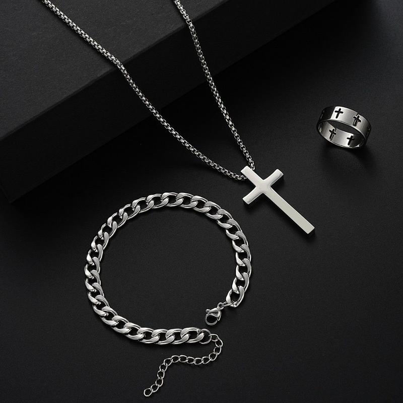Product Introduction of dark bracelet necklace ring three-piece cold boys hip hop bracelet fashion accessories 3