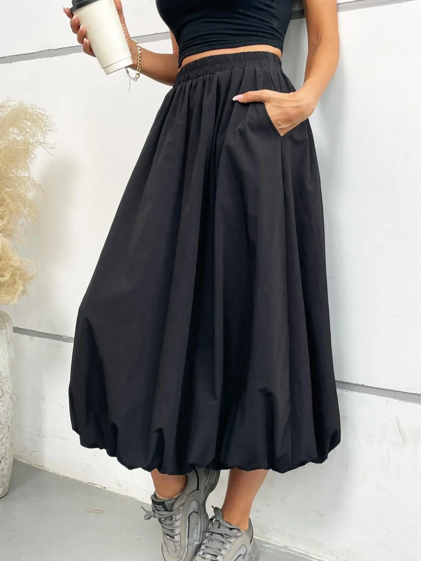 Women's Solid Pocket Elastic Waist Bubble Skirt, Casual Fashion A-Line Midi Skirt for Daily Outdoor Wear, Women's Bottoms for Fall & Winter