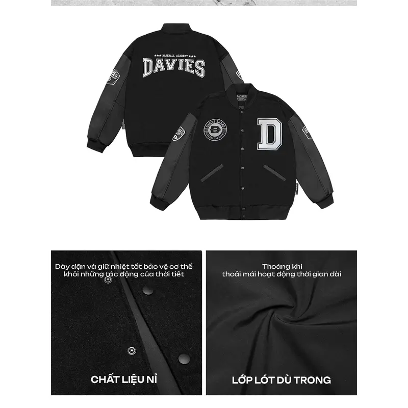 Áo khoác varsity jacket nỉ tay da DAVIES nam nữ màu đen thêu logo form rộng 2 lớp Varsity Baseball Academy 4