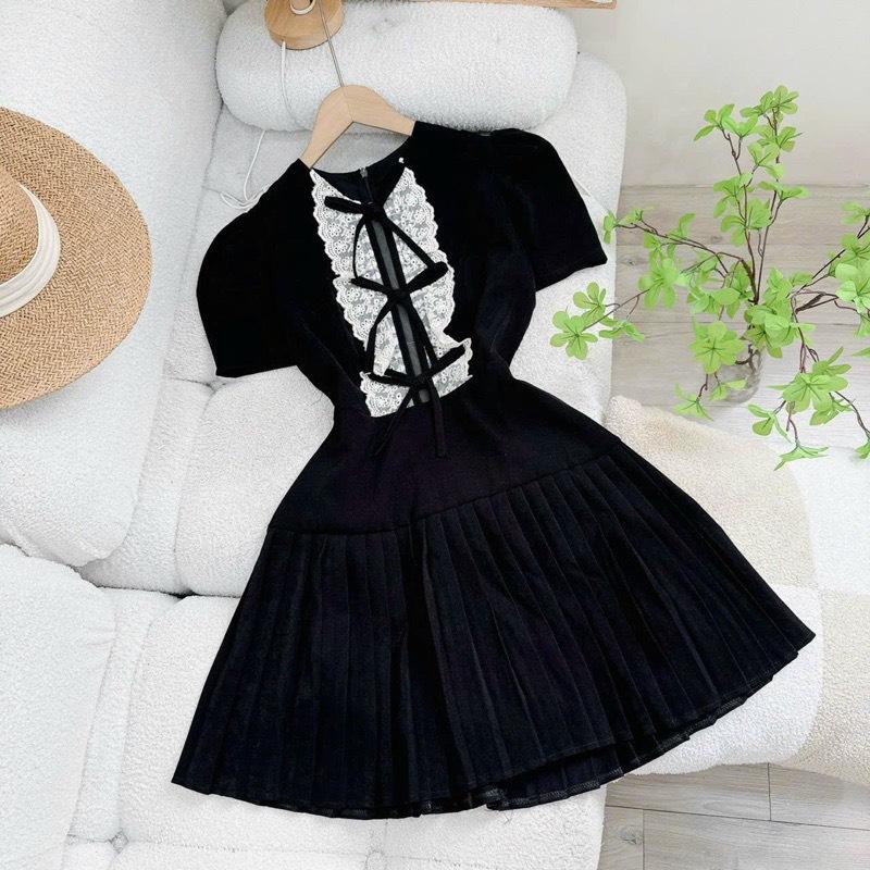 Váy tuyết mưa xếp li phối trước kèm nơ dáng ôm xinh lắm Nữ Women Kem Dress Màu Đen 8