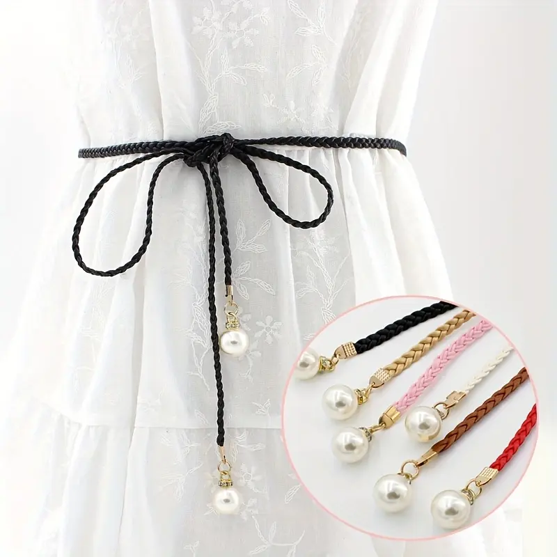[1pc Elegant Braided Belt] 1pc Elegant Women's Braided Waist Rope Belt with Classic Pearl Pendant | Vintage Sweet Style, Non-Washable, Perfect for Dresses, Wedding Belt, Available in Black, Pink, Red, Brown 1