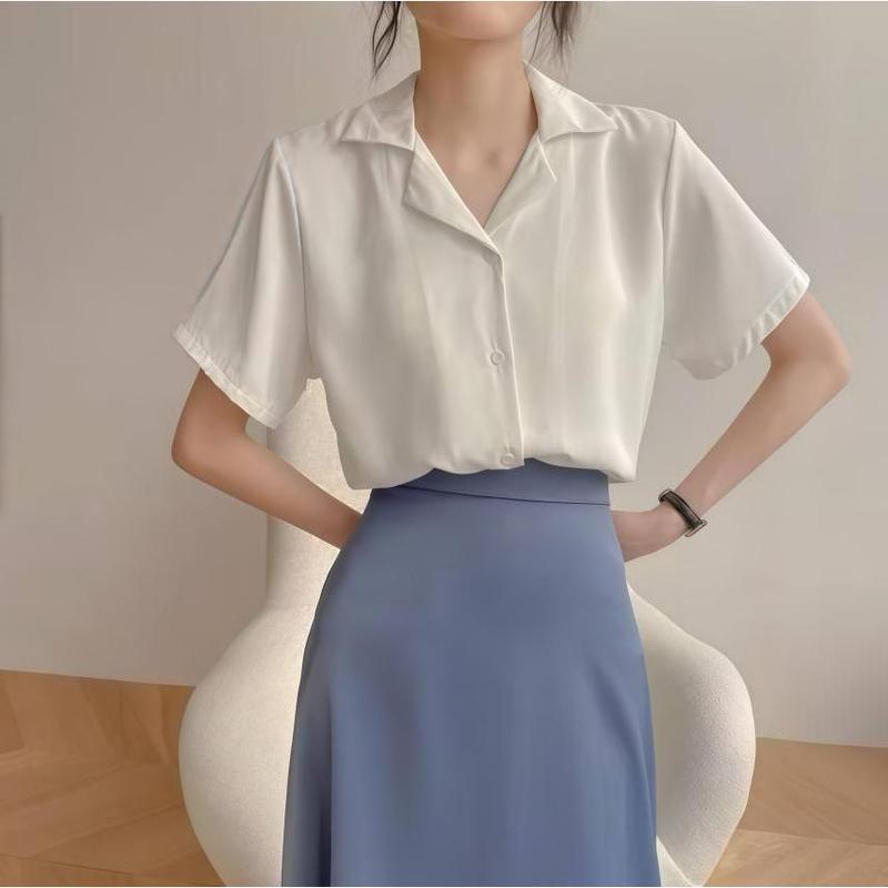 Bythree Causual Polo V-neck withCollar Korean Blouse Womenswear ChiffonShort Sleeves Solid Color W003B blouse koreabusiness outfits Shirts Top Comfort BasicCasual 5