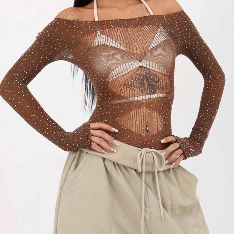 Product Introduction of Áo Jumpsuit Quần Cô Gái Nóng Bỏng Gợi Cảm, Phong Cách INS Châu Âu Và Mỹ Dài Tay, Áo Phông Áo Xuyên Thấu Khiêu Vũ khoét Áo Múa Jazz Dáng Ôm 5