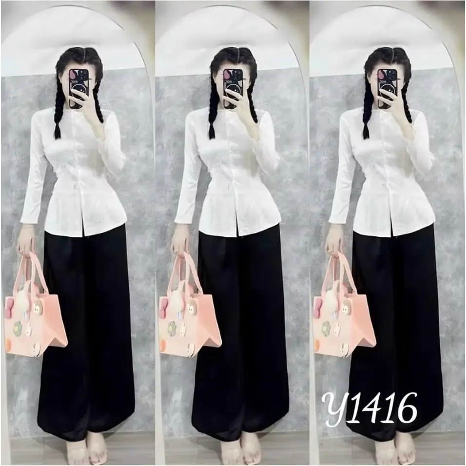 Sét  2 món aó bà ba  nữ tay dài  gâm nút cườm + quân bà ba lua mango tô châu  đi  chùa đi chơi