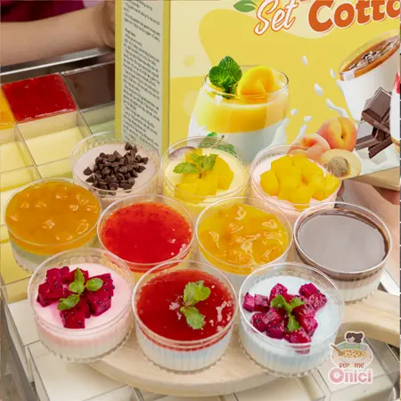 Set nguyên liệu Panna Cotta Bếp Của Mẹ Onici sẵn 5 vị sốt dâu, đào, socola, kiwi, chanh dây [set Panna Cotta nấu được 60-65 hũ 60ml/hũ)] - kèm công thức nấu 3