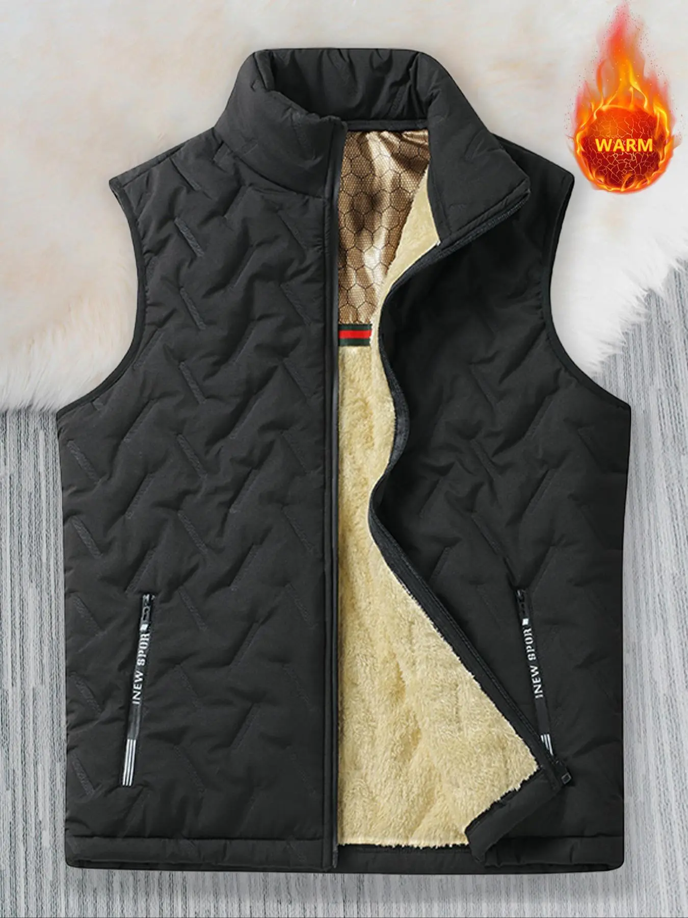 Men's Solid Zip Up Thermal Lined Vest Coat, Regular Fit Casual Stand Collar Sleeveless Outerwear for Fall & Winter, Men's Clothes for Daily Wear