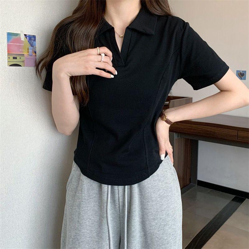 Product Introduction of Summer New Korean Style Polo Collar Solid Color Short-Sleeved Top for Women Slim Casual All-Match T-shirt Women 23