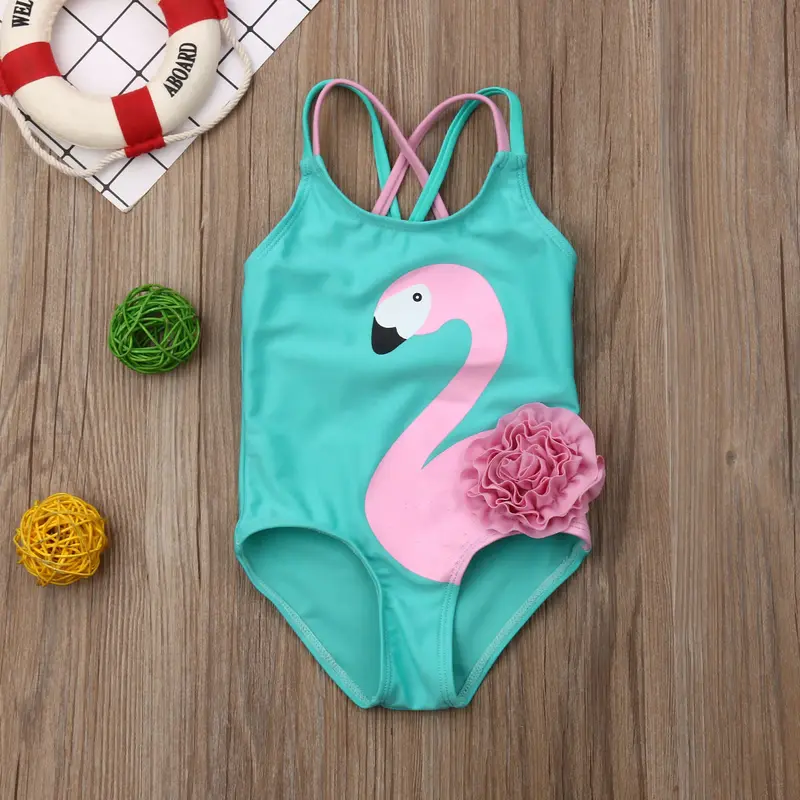 Đồ Tắm Cho Nhỏ Gái, Không Tay, Cổ Tròn, Áo Jumpsuit Quần Bơi Ôm Sát Đáy Tam Giác, Họa Tiết Hồng Hạc & Hoa, Thích Hợp Cho 6M-5Y 2