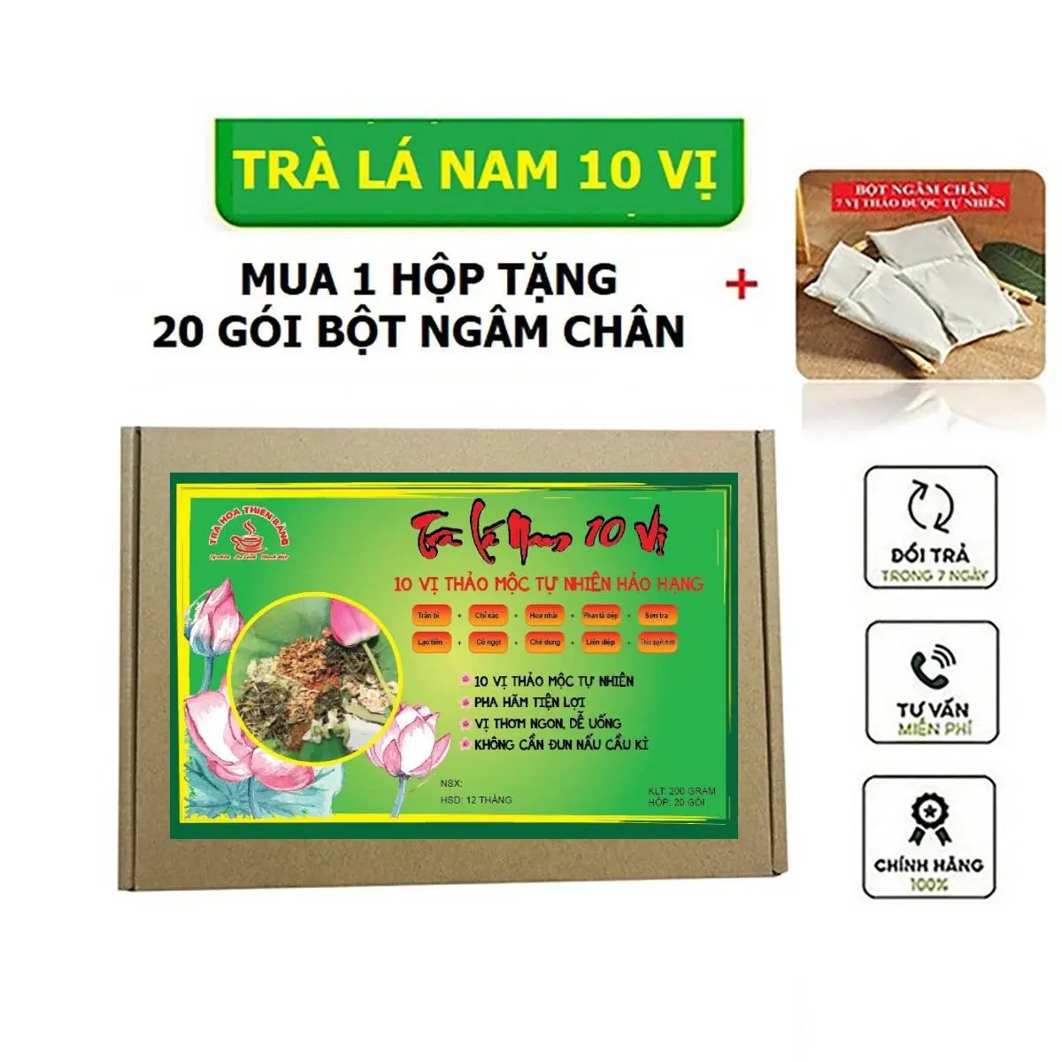 Trà Lá Nam 10 Vị Hộp 20 Gói Tặng 20 Gói Bột Ngâm Chân Kèm 20 Túi Lọc - Nước Trà Tea Chè