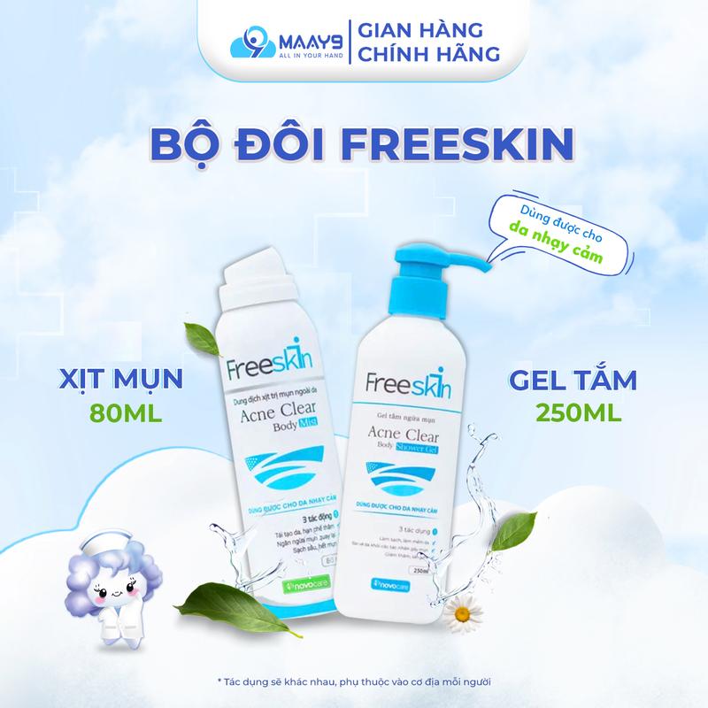 Combo gel tắm và xịt mụn freeskin cho mụn cơ thể mụn ngực mụn lưng viêm nang lông dày sừng nang lông