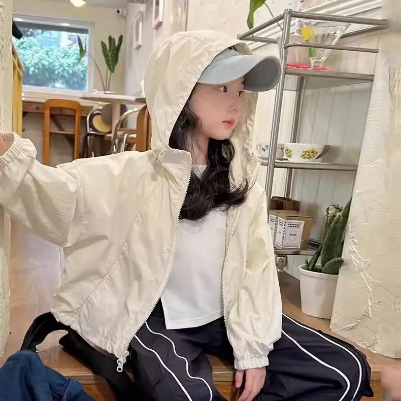 Quần Áo Bé Gái, Phong Cách Hàn Quốc, Quần Áo Chống Nắng Mùa Hè, Áo Khoác Cardigan Áo Gió, Cho Trẻ Em, Hàng Mới Về 2024, Áo Khoác Có Mũ Thường Ngày