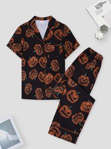 Two-Piece Set Women's Lapel Pocket Shirt & Elastic Waist Pants Pyjama, Casual Comfy Halloween Themed Print Short Sleeve Button Front Top & Trousers PJ Set, Ladies Sleepwear for All Seasons