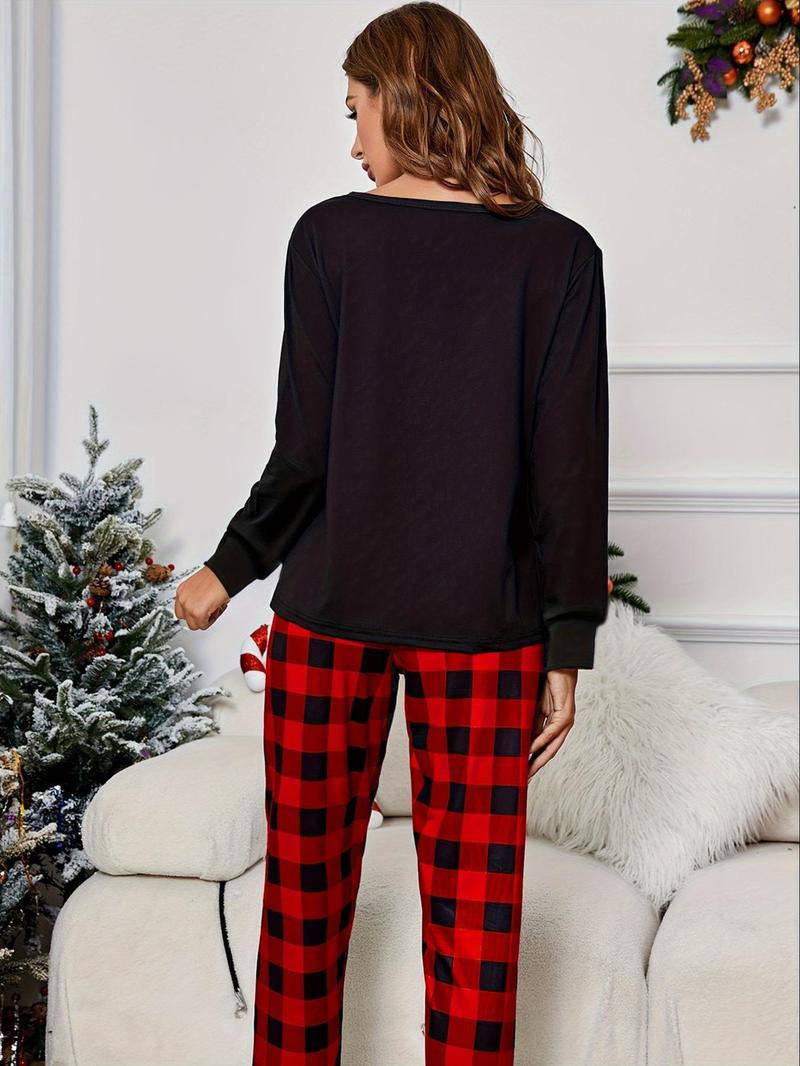 Product Introduction of Two-Piece Set Women's Long Sleeve Tee & Plaid Print Pants Pyjama Loungewear Set, Lady Comfy Crew Neck T-shirt & Trousers Pj Set, Womenswear Pajama Set, for Spring & Fall 11