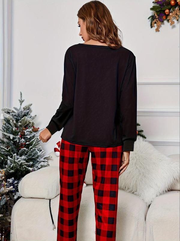 Two-Piece Set Women's Long Sleeve Tee & Plaid Print Pants Pyjama Loungewear Set, Lady Comfy Crew Neck T-shirt & Trousers Pj Set, Womenswear Pajama Set, for Spring & Fall 4
