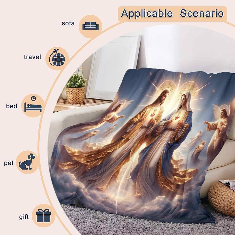 Product Introduction of Jesus & Mary Pattern Blanket, 1 Count Warm & Lightweight Throw Blanket, Soft Blanket for Bed, Sofa, Office, Camping & Travel 6