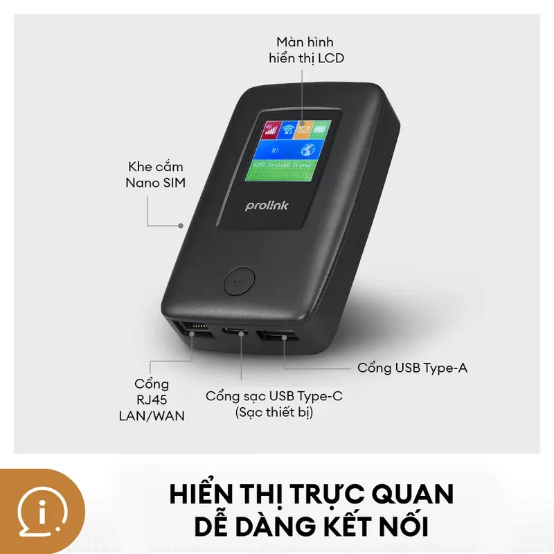 Bộ phát Wifi di động PROLiNK DL7203E 4G LTE 150Mbps, pin 6000mAH, màn hình TFT 1.44", cổng RJ45, USB 2.0 - Mobile 2