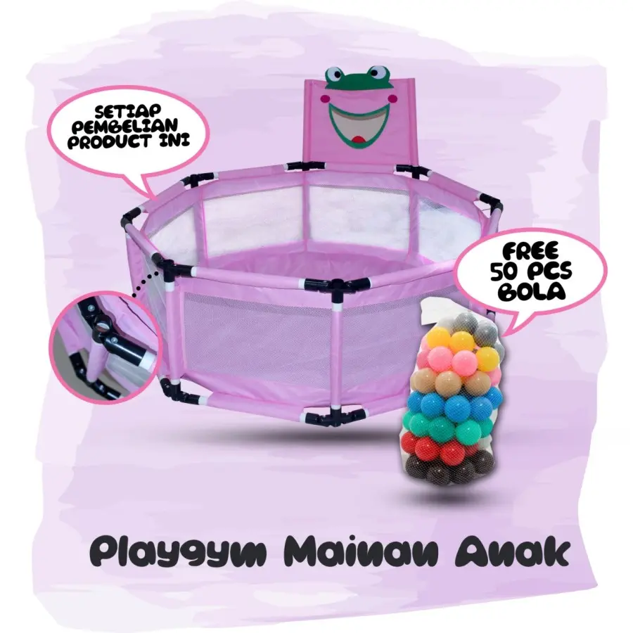 Kolam Mandi Bola Keranjang Mandi Bola Mainan Tenda anak Playpen-2 Froggy Pink