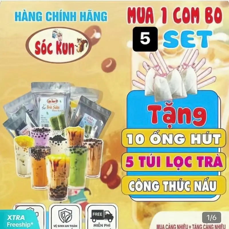COMBO 5 SET TRÀ SỮA nấu 50-60 ly {Đường Đen, Khoai Môn, Việt Quất, Thái Xanh ,Socola }(được đổi vị) —Tặng 10 Ống Hút, 5 Túi Lọc Trà, công thức nấu - Chua, Tea, Nước Trà- BẾP TRÀ SỮA SÓC KUN Chè MIỄN SHIP