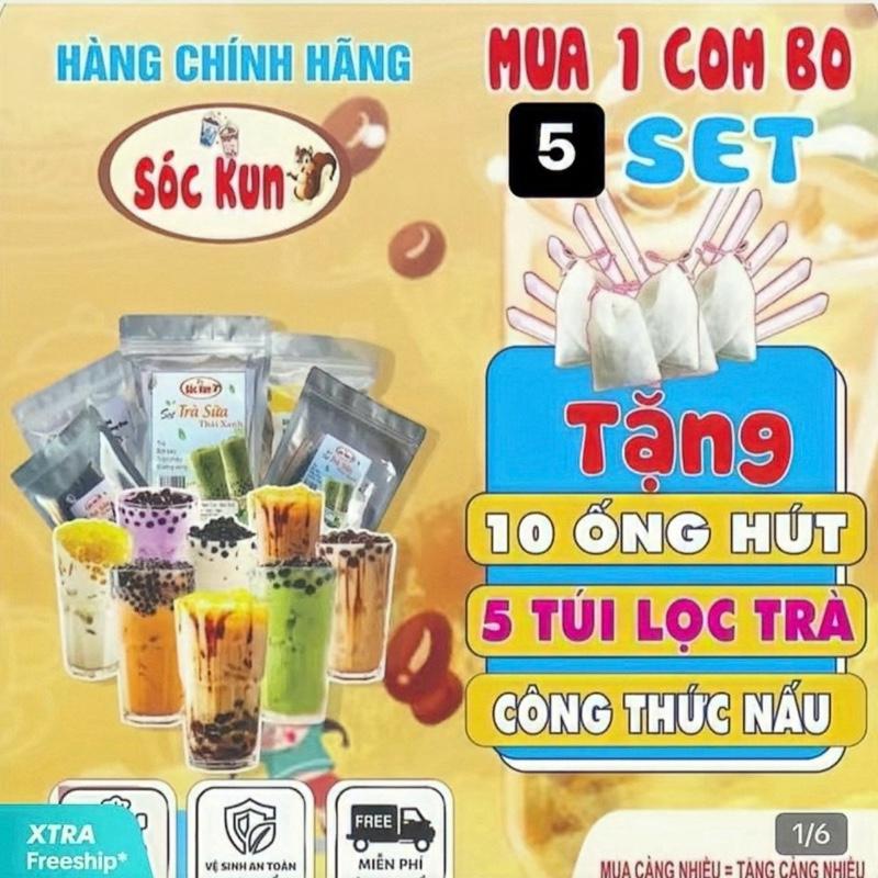 COMBO 5 SET TRÀ SỮA nấu 50-60 ly {Đường Đen, Khoai Môn, Việt Quất, Thái Xanh ,Socola }(được đổi vị) —Tặng 10 Ống Hút, 5 Túi Lọc Trà, công thức nấu - Chua, Tea, Nước Trà- BẾP TRÀ SỮA SÓC KUN Chè MIỄN SHIP