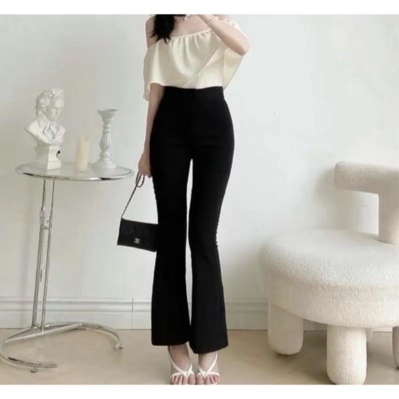 Quần ống loe nữ lưng chun chất thun cotton mềm có độ co giãn tốt - quần có túi - freesize từ 45-58 ki - Màu đen - Meénwear -Quần dài 89cm