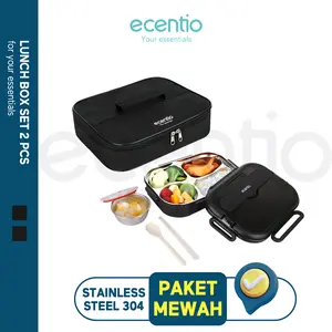 【in stock】【crehom exclusive】【kotak bekal stainless set】ecentio lunch box set 1000ml stainless 304 sekat 4 dan anti tumpah free sendok sumpit with bag